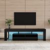 Living Room Furniture TV Stand Cabinet with 2 Drawers &amp; 2 open shelves; 20-color RGB LED lights with remote; Black
